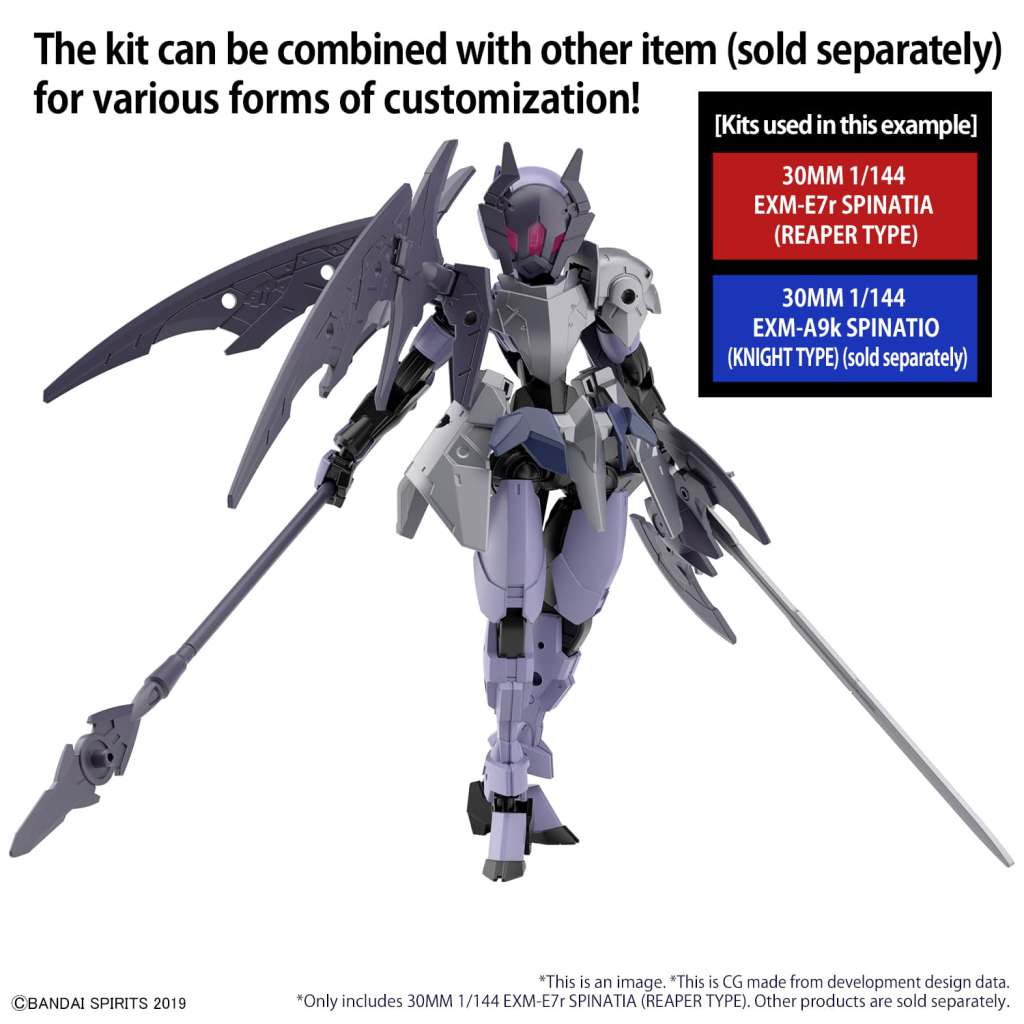 Model kit Bandai 30MM Spinatia Reaper Type scala 1/144 – Mecha femminile da 12cm con arma combinabile e supporto pipistrello.