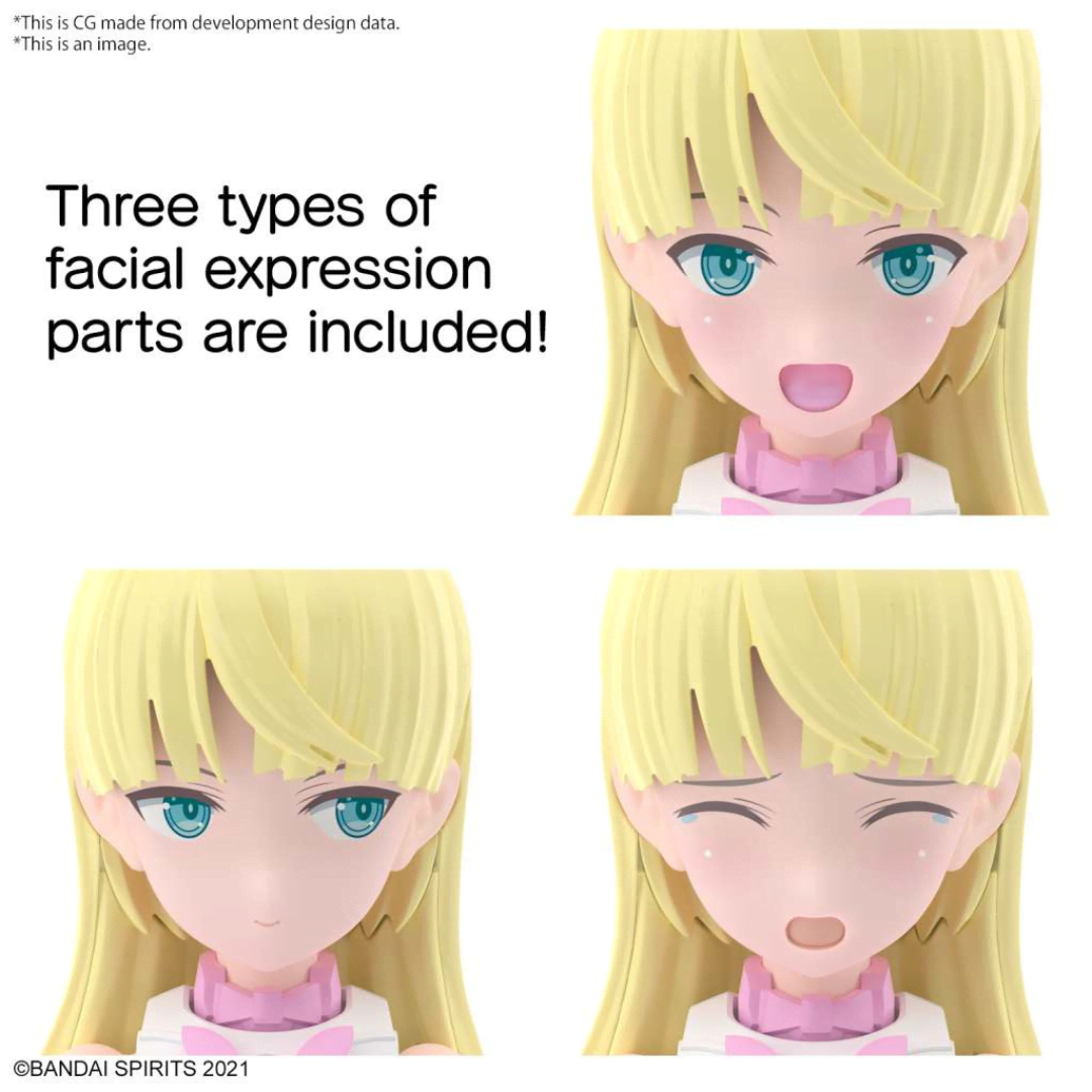 Box model kit Bandai 30MS Lirinel Color A con armatura rosa, look coniglio, corpo snodabile e volti intercambiabili in stile Bishoujo