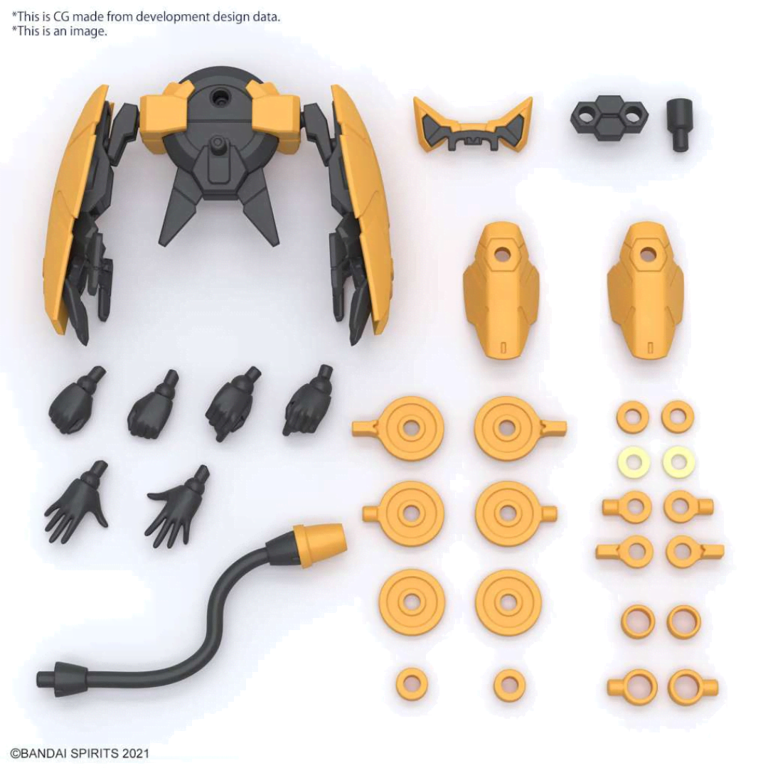 Box model kit 30MS Rishetta Freesia Wear Color A Bandai con armatura gialla e look mecha customizzabile in stile anime futuristico