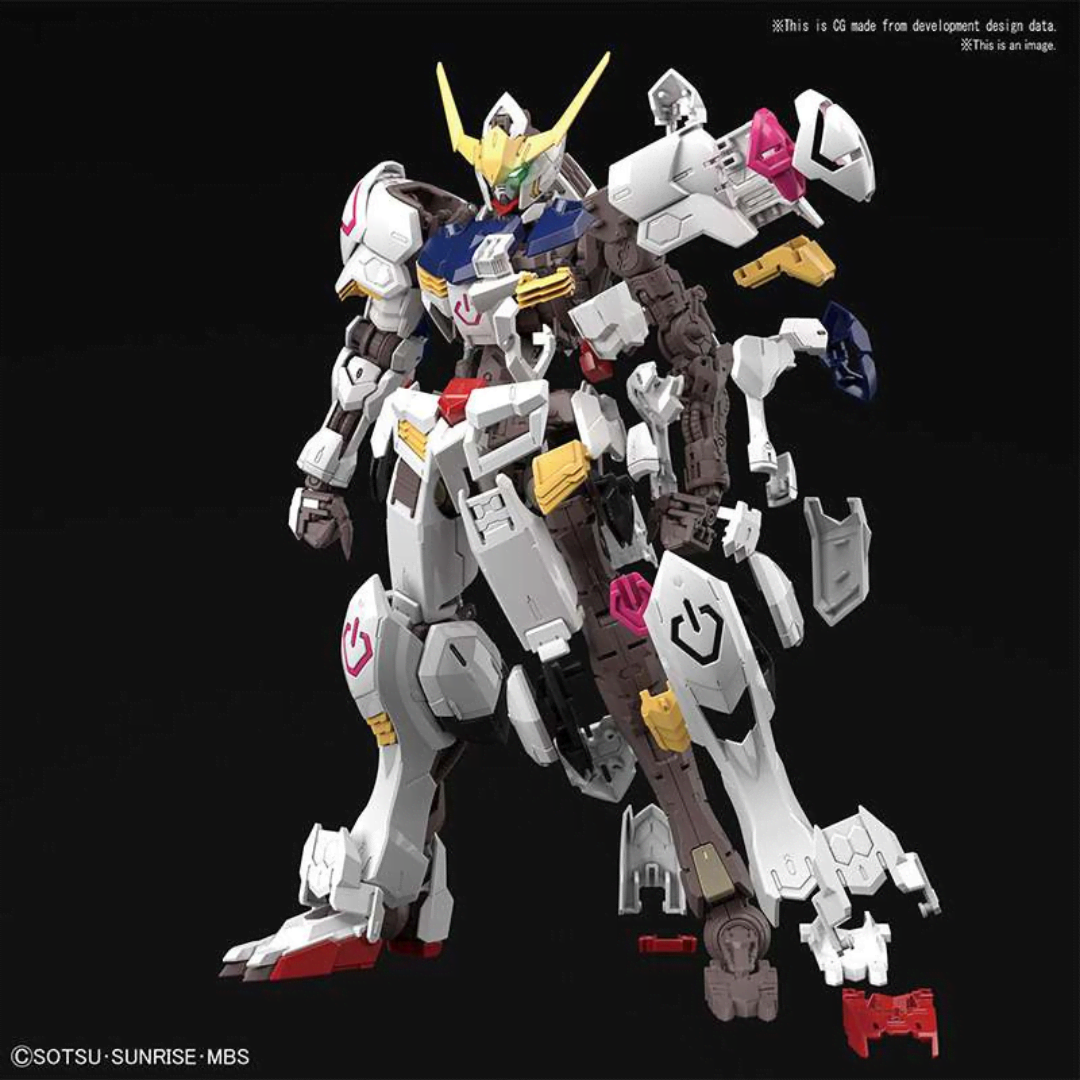 Box MG 1/100 Gundam Barbatos Master Grade con Mobile Suit in posa dinamica, dettagli realistici e armamenti ispirati all’anime Iron-Blooded Orphans.
