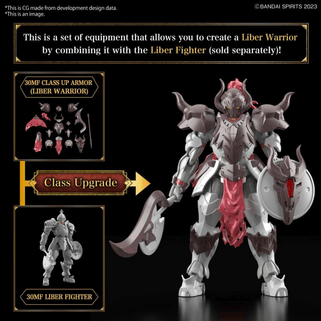 Box 30MF Liber Warrior Bandai con guerriero fantasy corazzato, armato di lancia e scudo, model kit articolato della serie 30 Minutes Fantasy.