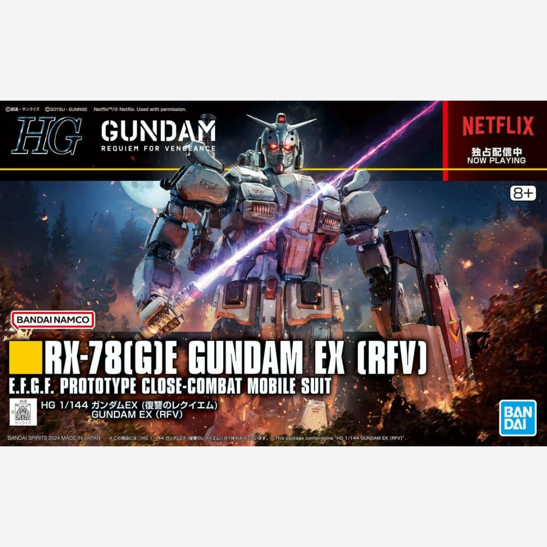 Box HG RX-78(G)E Gundam EX RFV Bandai 1/144 da Gundam Requiem for Vengeance, model kit con armi, scudi e articolazioni avanzate, serie Netflix.
