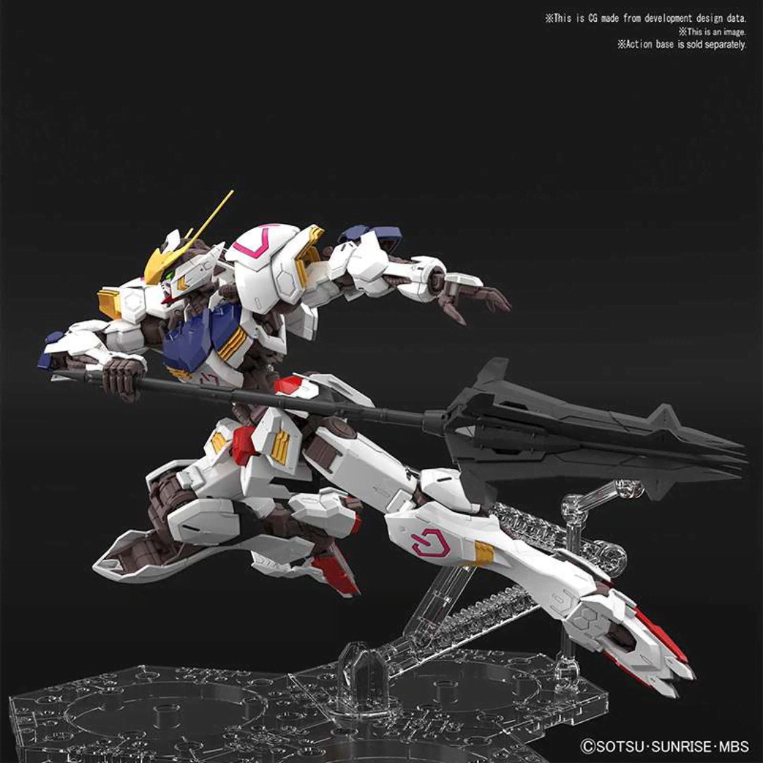 Box MG 1/100 Gundam Barbatos Master Grade con Mobile Suit in posa dinamica, dettagli realistici e armamenti ispirati all’anime Iron-Blooded Orphans.