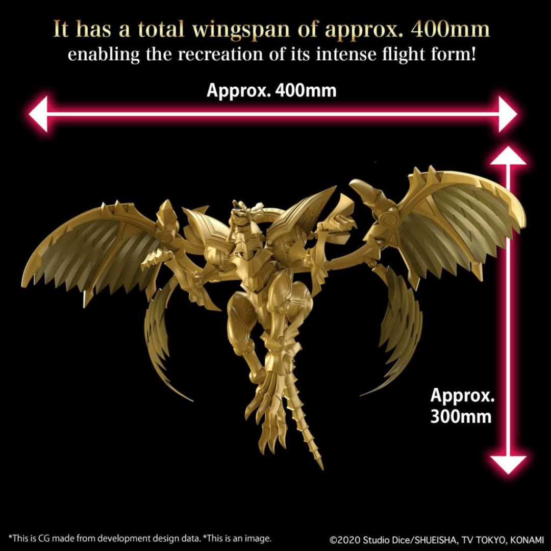Model Kit Yu-Gi-Oh! The Winged Dragon of Ra Amplified Bandai, dettagliato, dorato, snodabile e facile da montare, perfetto per fan e collezionisti.