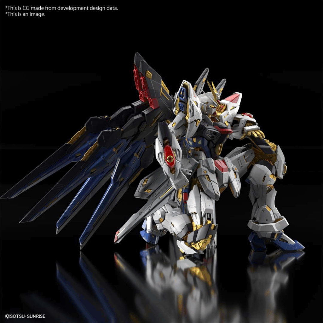 Box MGEX 1/100 Gundam Strike Freedom con ali estese e finiture dorate, modello Master Grade Extreme ispirato a Gundam SEED Destiny.