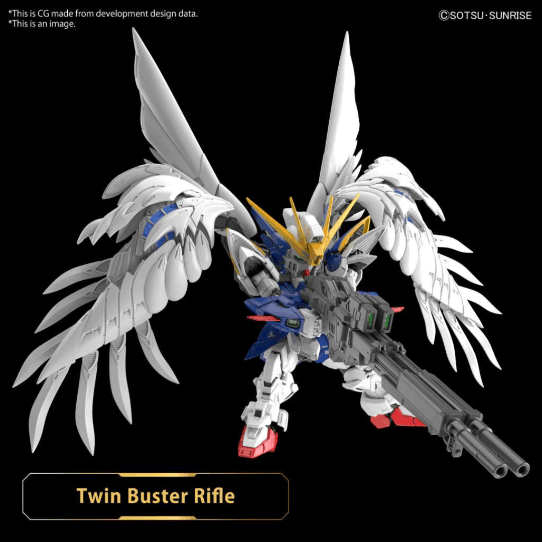 Box MGSD Wing Gundam Zero EW con Mobile Suit SD in posa dinamica, ali articolate e doppio fucile iconico, tratto da Gundam Wing: Endless Waltz.