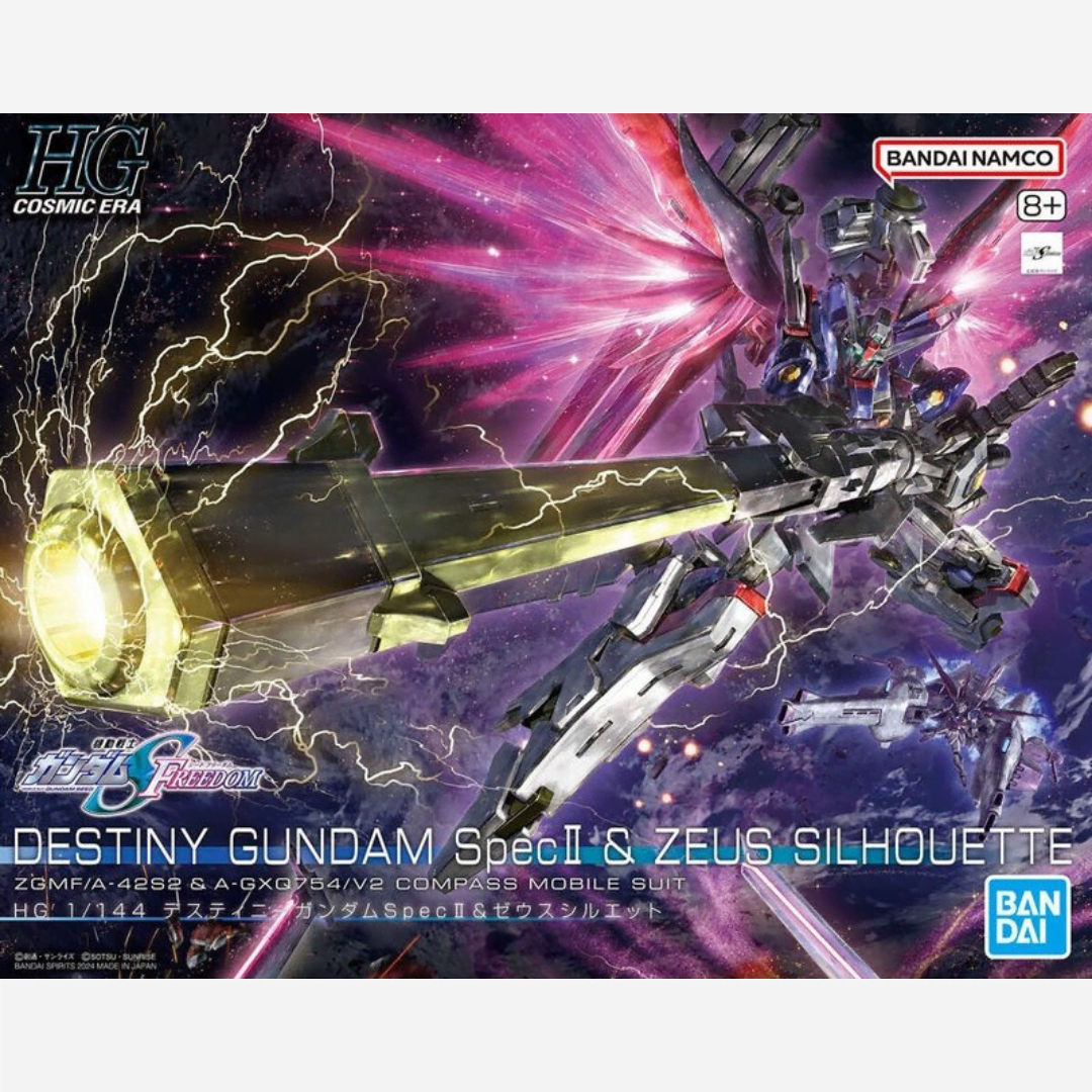 Box HG Bandai Destiny Gundam Spec II & Zeus Silhouette 1/144 da Gundam SEED Freedom, kit Gunpla senza colla con ali translucide e cannone Zeus.