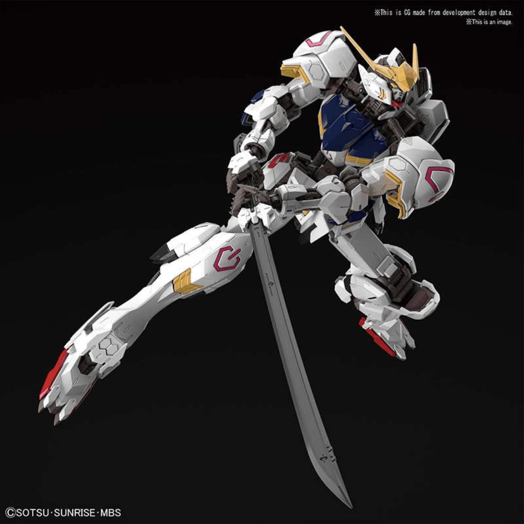 Box MG 1/100 Gundam Barbatos Master Grade con Mobile Suit in posa dinamica, dettagli realistici e armamenti ispirati all’anime Iron-Blooded Orphans.