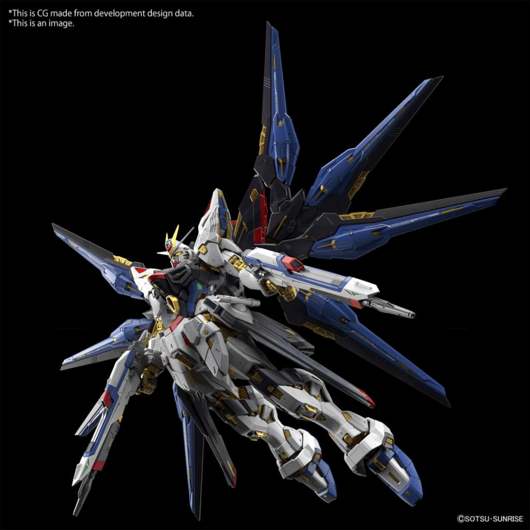 Box MGEX 1/100 Gundam Strike Freedom con ali estese e finiture dorate, modello Master Grade Extreme ispirato a Gundam SEED Destiny.