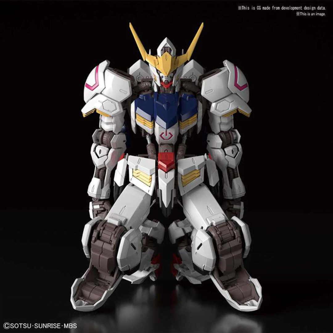Box MG 1/100 Gundam Barbatos Master Grade con Mobile Suit in posa dinamica, dettagli realistici e armamenti ispirati all’anime Iron-Blooded Orphans.