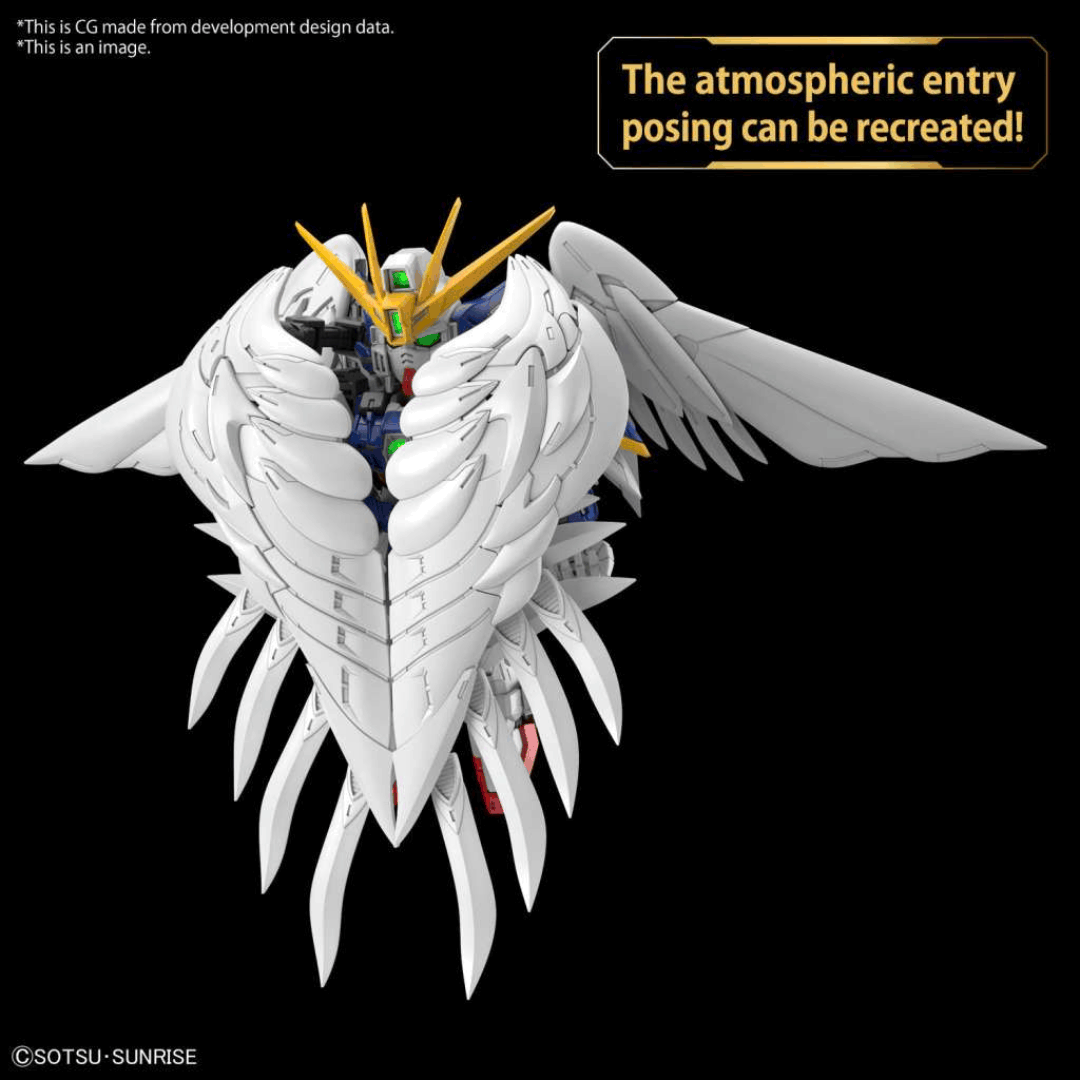 Box MGSD Wing Gundam Zero EW con Mobile Suit SD in posa dinamica, ali articolate e doppio fucile iconico, tratto da Gundam Wing: Endless Waltz.