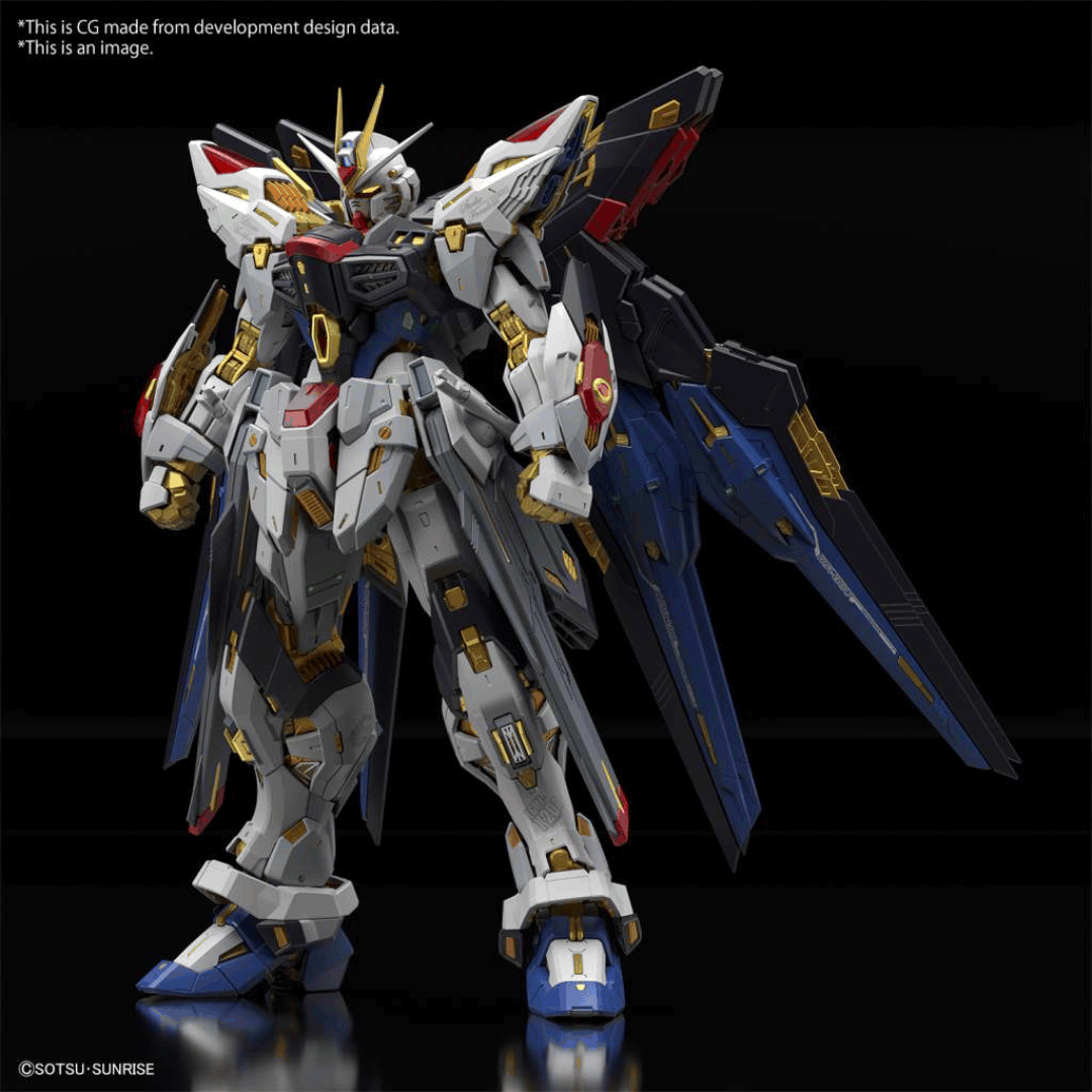 Box MGEX 1/100 Gundam Strike Freedom con ali estese e finiture dorate, modello Master Grade Extreme ispirato a Gundam SEED Destiny.