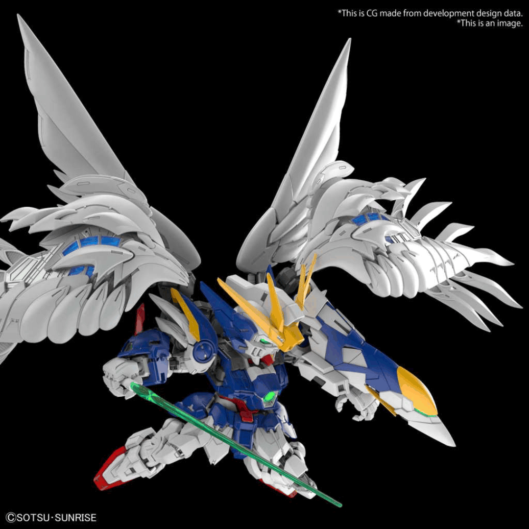 Box MGSD Wing Gundam Zero EW con Mobile Suit SD in posa dinamica, ali articolate e doppio fucile iconico, tratto da Gundam Wing: Endless Waltz.