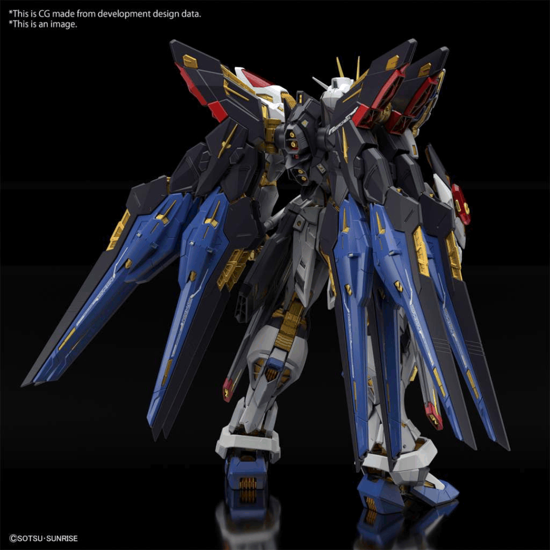 Box MGEX 1/100 Gundam Strike Freedom con ali estese e finiture dorate, modello Master Grade Extreme ispirato a Gundam SEED Destiny.