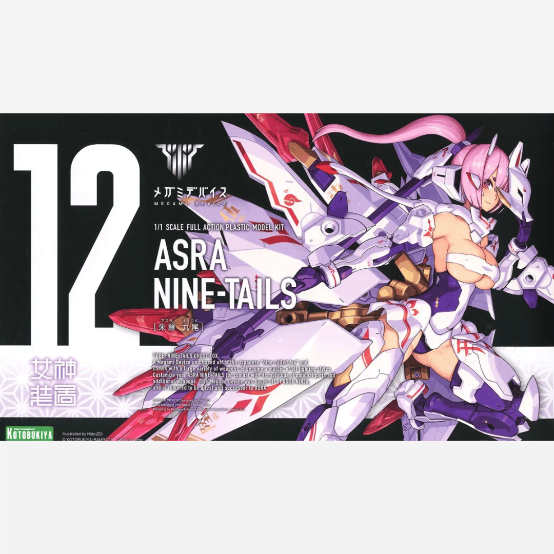 Box model kit Megami Device ASRA Nine-Tails Kotobukiya con armatura bianca futuristica e look Bishoujo mecha da combattimento