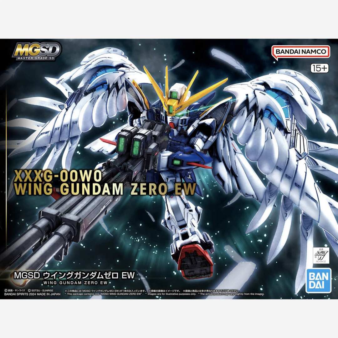 Box MGSD Wing Gundam Zero EW con Mobile Suit SD in posa dinamica, ali articolate e doppio fucile iconico, tratto da Gundam Wing: Endless Waltz.