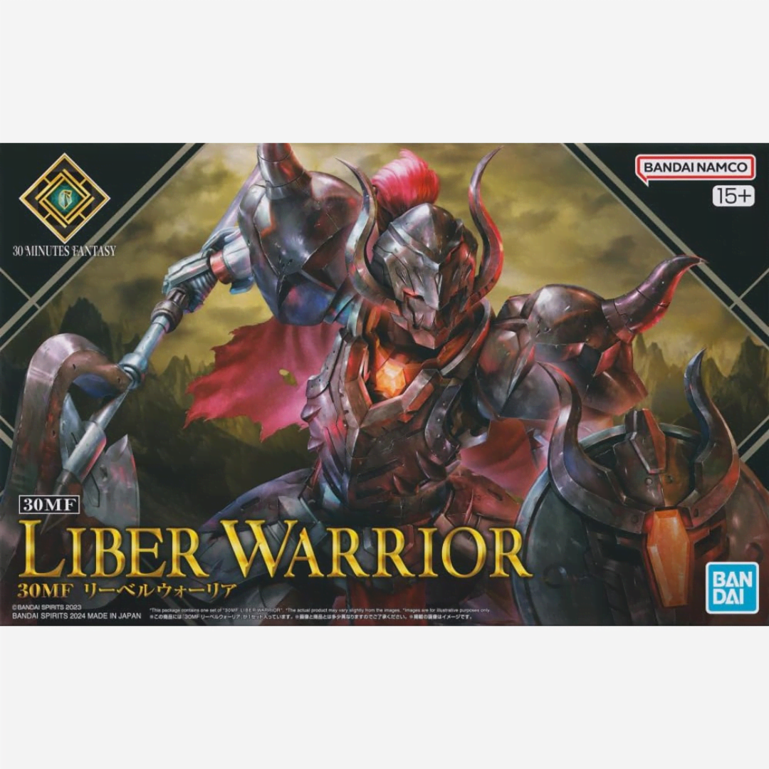 Box 30MF Liber Warrior Bandai con guerriero fantasy corazzato, armato di lancia e scudo, model kit articolato della serie 30 Minutes Fantasy.