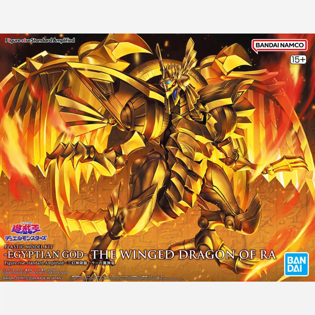 Model Kit Yu-Gi-Oh! The Winged Dragon of Ra Amplified Bandai, dettagliato, dorato, snodabile e facile da montare, perfetto per fan e collezionisti.