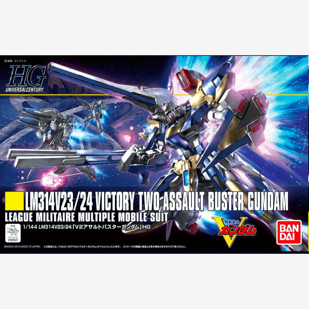 Box HGUC 1/144 Victory Two Assault Buster Gundam Bandai con beam rifle, scudo, beam saber e dettagli da collezione, serie Universal Century.