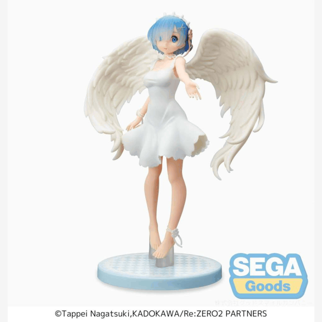 Figure Rem Angel SPM 20cm SEGA da Re:Zero - statuetta da collezione con ali dettagliate, base decorativa e abito bianco elegante.