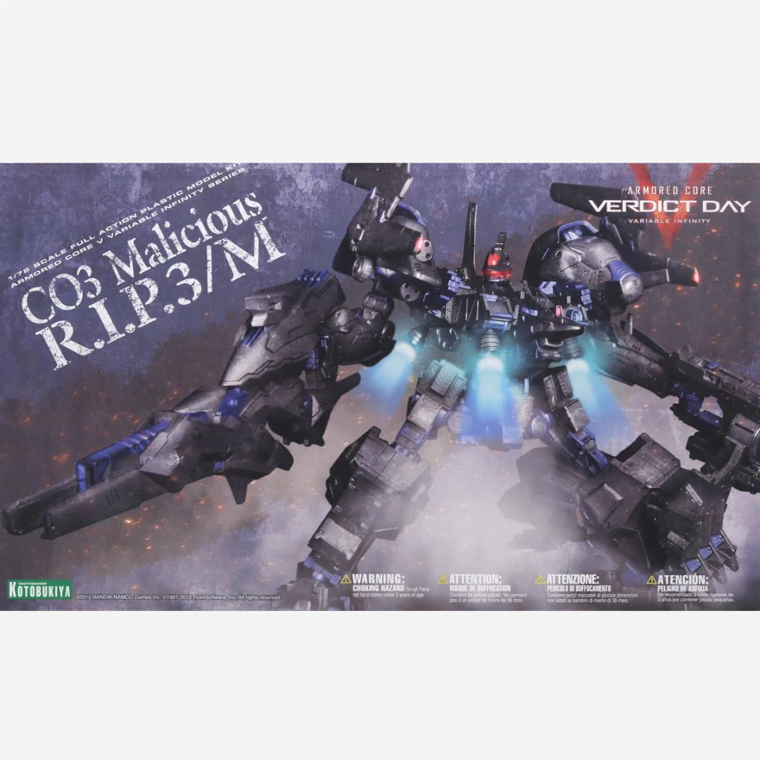 Box model kit CO3 Malicious R.I.P. 3/M Armored Core Verdict Day con armatura nera, booster blu e armi da combattimento futuristiche