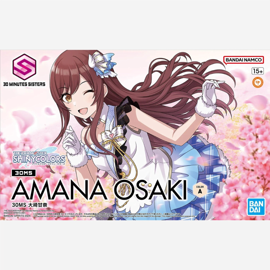 Box art figure model kit Bandai 30MS Amana Osaki Idolmaster Shiny Colors con outfit dettagliato e sfondo floreale rosa