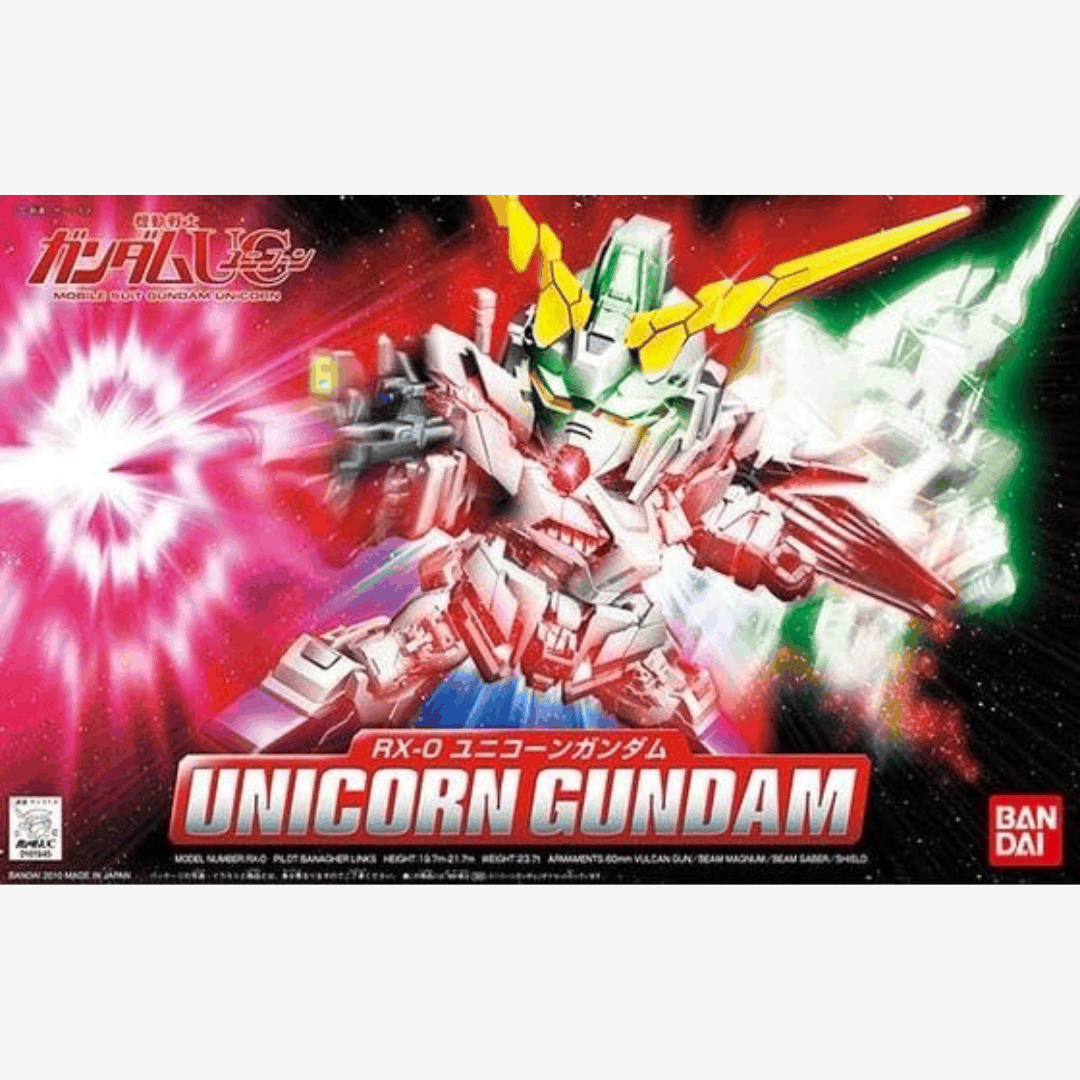 Box SD RX-0 Unicorn Gundam Bandai, modellino Gunpla da assemblare senza colla, dettagliato e ideale per fan di Mobile Suit Gundam Unicorn.