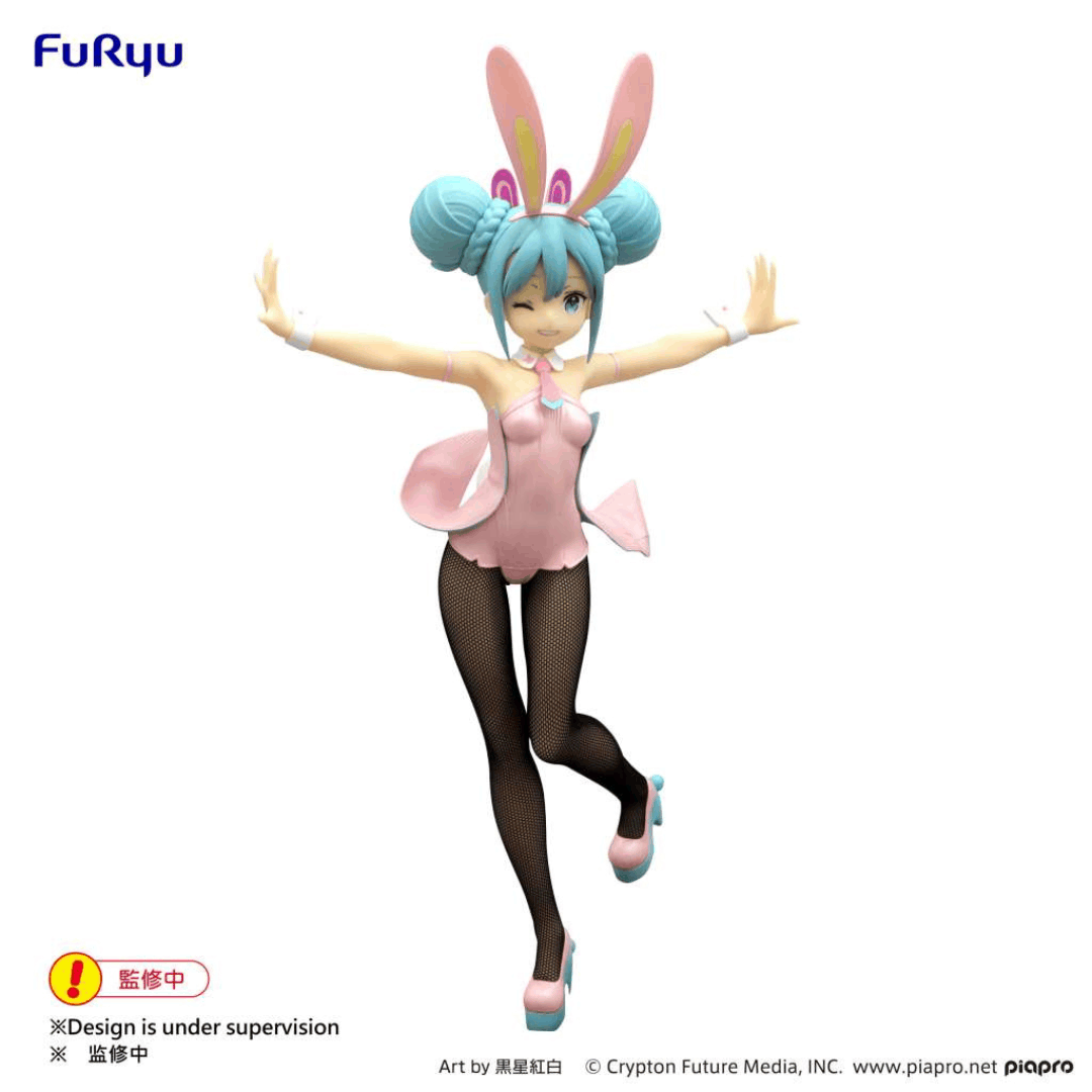 Figure Hatsune Miku Bicute Bunnies 30cm FuRyu Wink Pearl Pink con outfit coniglietta rosa perlato, posa dinamica e look kawaii da collezione.