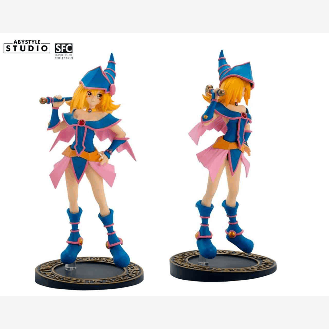 Figure Dark Magician Girl 19cm ABYstyle SFC Yu-Gi-Oh! con bacchetta, outfit blu e rosa, base magica decorata, statuetta da collezione anime.