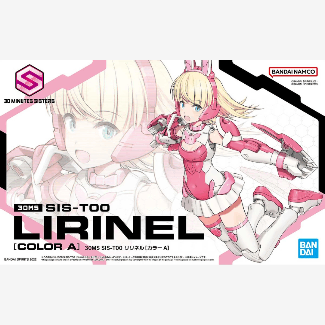 Box model kit Bandai 30MS Lirinel Color A con armatura rosa, look coniglio, corpo snodabile e volti intercambiabili in stile Bishoujo