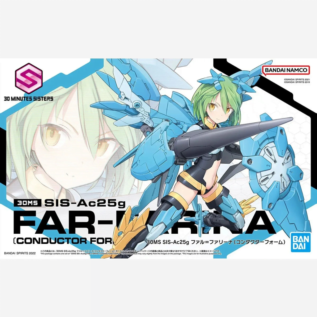 Box model kit Bandai 30MS Far-Farina Conductor Form con armatura azzurra, viso tampografato e design Bishoujo snodabile
