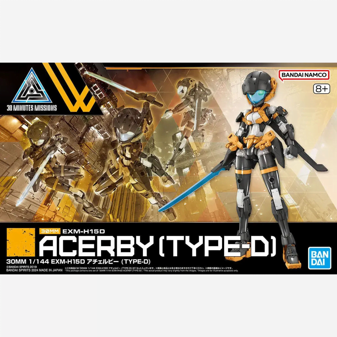 Model Kit Bandai 30MM EXM-H15D Acerby Type-D 1/144 in posa dinamica con spada e colori arancio-nero – disponibile su Weeaboverse