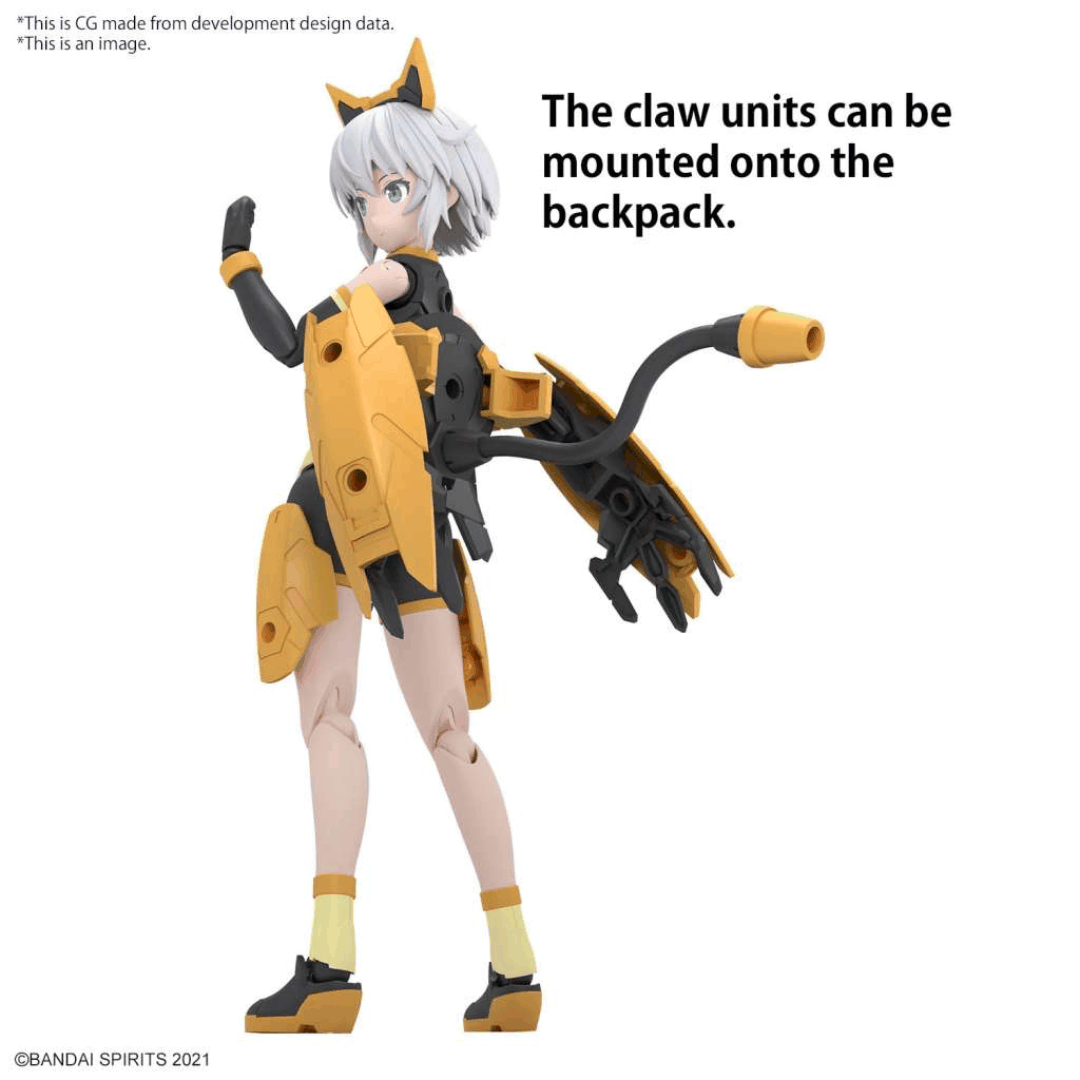 Box model kit 30MS Rishetta Freesia Wear Color A Bandai con armatura gialla e look mecha customizzabile in stile anime futuristico