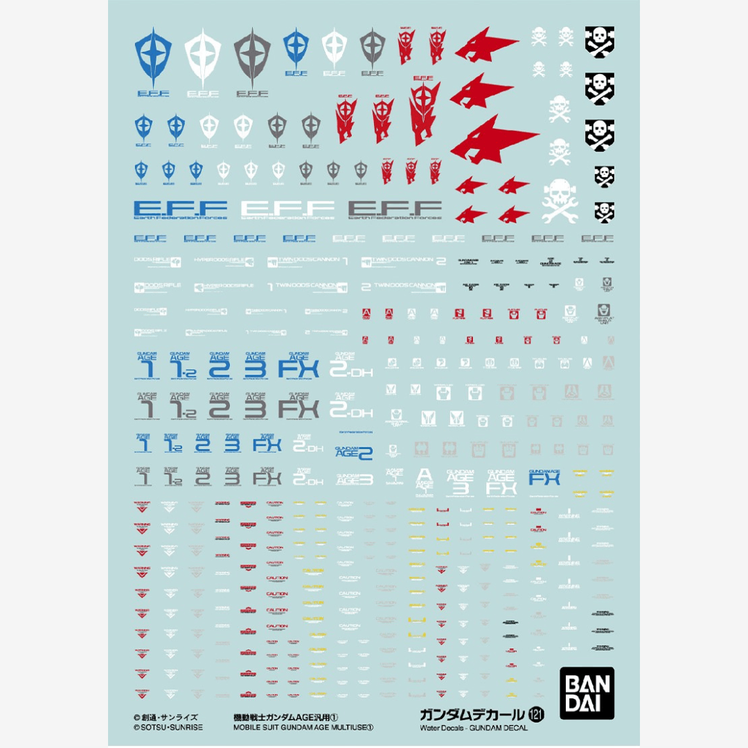Foglio Gundam Decal 121 Bandai per Gunpla 1/144 – water decals con loghi, simboli e scritte da Mobile Suit Gundam AGE per personalizzazione kit.