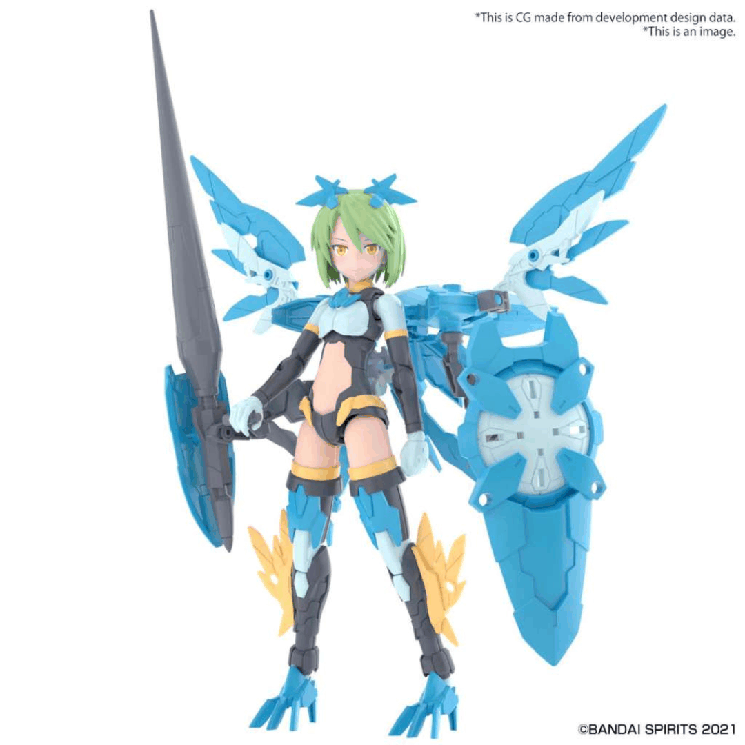 Box model kit Bandai 30MS Far-Farina Conductor Form con armatura azzurra, viso tampografato e design Bishoujo snodabile