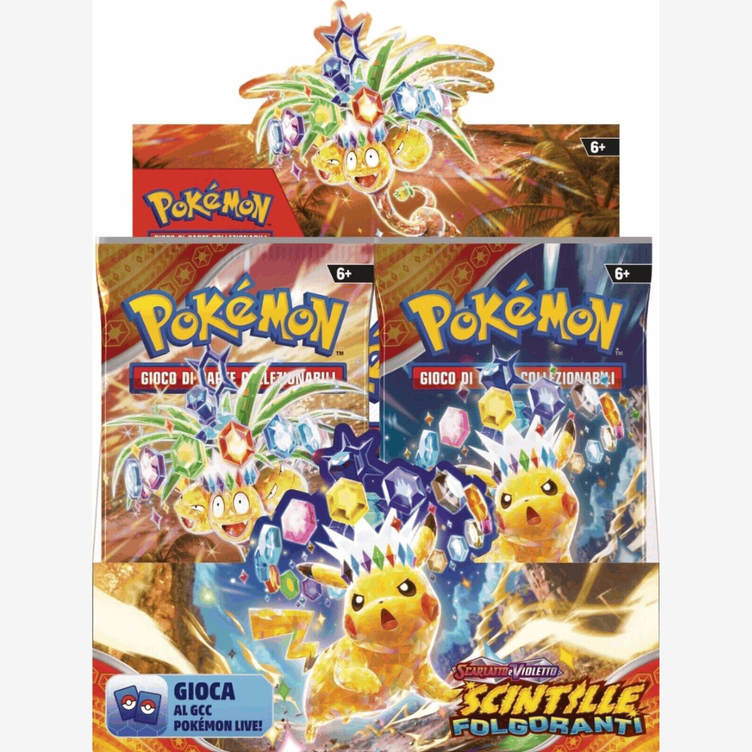 Display 36 buste Pokémon Scintille Folgoranti ITA con Pikachu cristallino e carte dell'espansione Scarlatto e Violetto, vendita su Weeaboverse.it