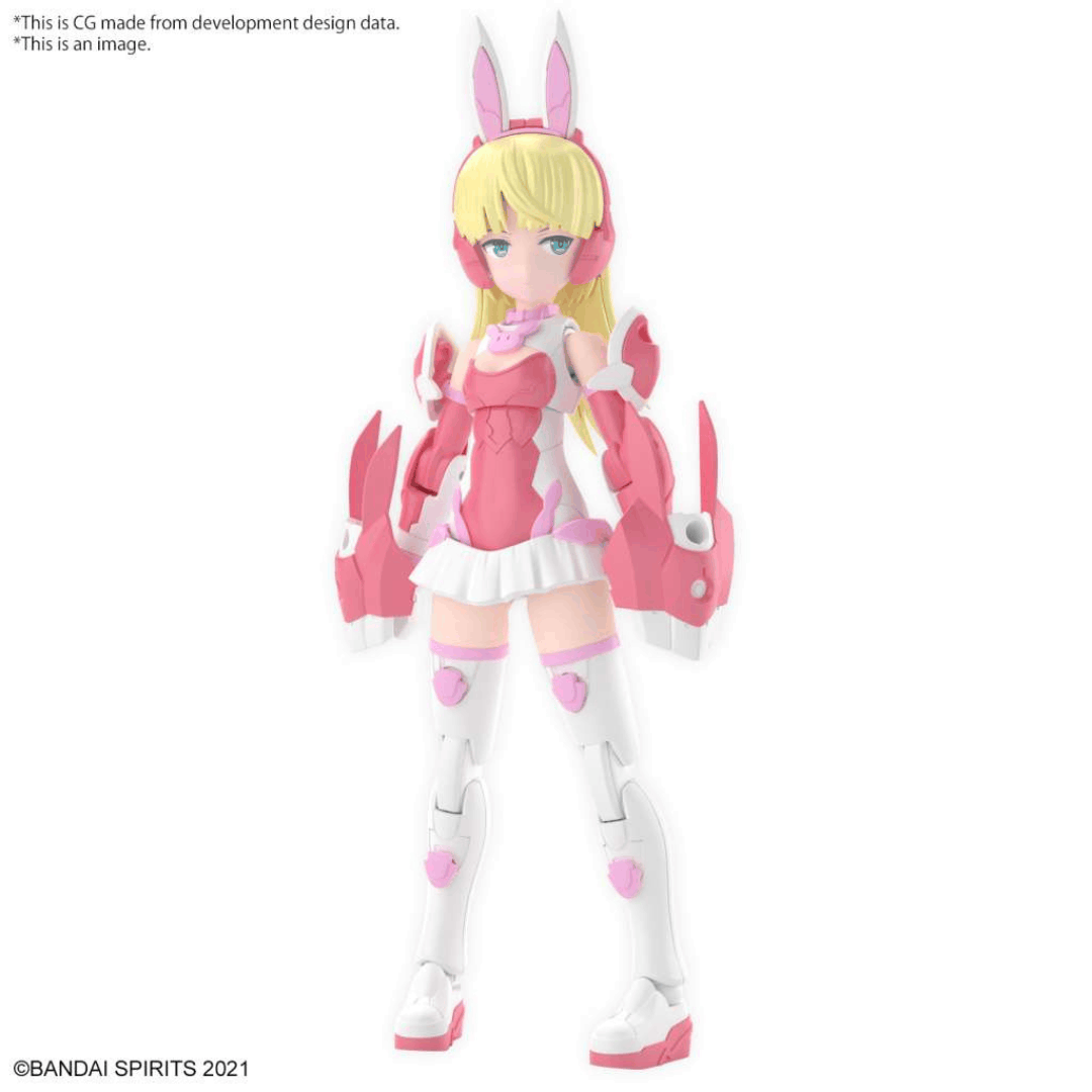 Box model kit Bandai 30MS Lirinel Color A con armatura rosa, look coniglio, corpo snodabile e volti intercambiabili in stile Bishoujo