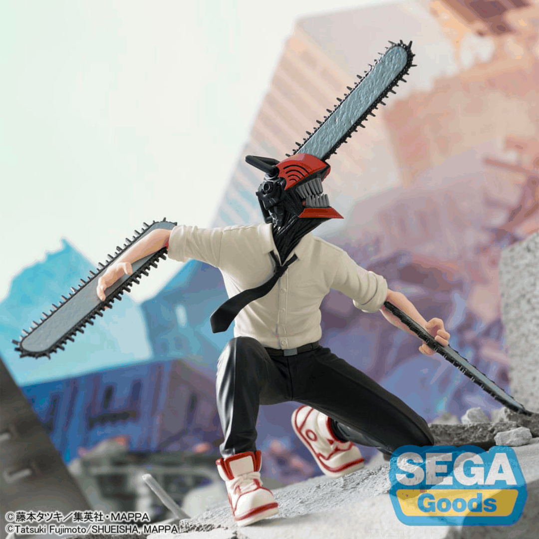 Figure SEGA Chainsaw Man Denji in posa d’azione con motoseghe, statue da collezione anime su Weeaboverse