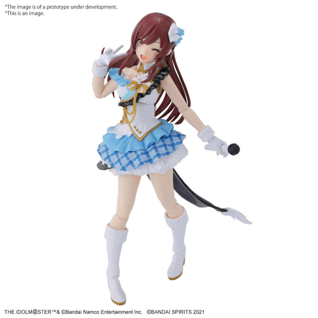 Box art figure model kit Bandai 30MS Amana Osaki Idolmaster Shiny Colors con outfit dettagliato e sfondo floreale rosa
