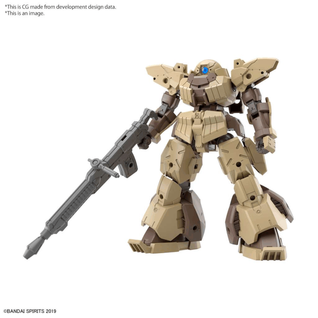 Modello Gunpla Bandai 30MM bEXM-28 Revernova Brown 1/144 con armatura pesante, fucile e opzioni di personalizzazione combinabili.