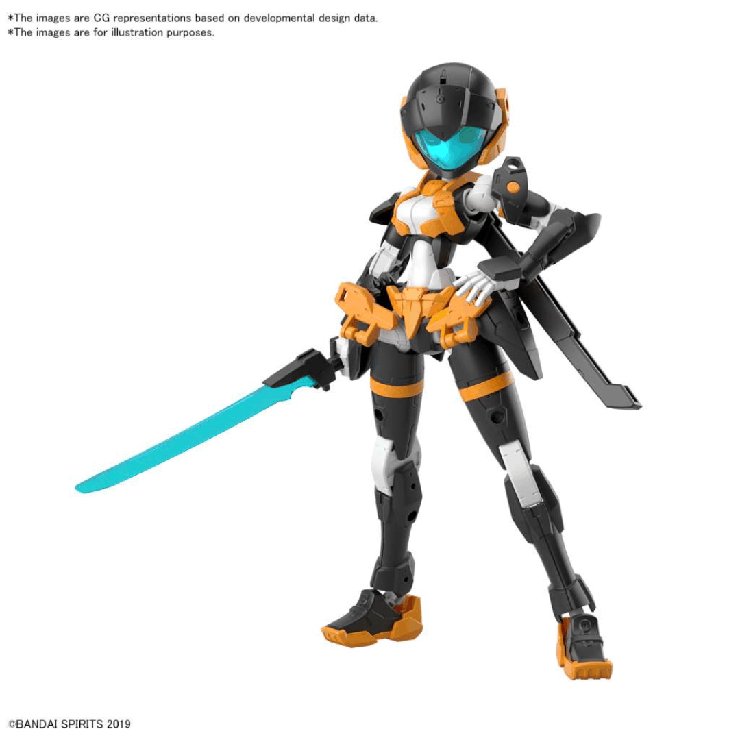 Model Kit Bandai 30MM EXM-H15D Acerby Type-D 1/144 in posa dinamica con spada e colori arancio-nero – disponibile su Weeaboverse