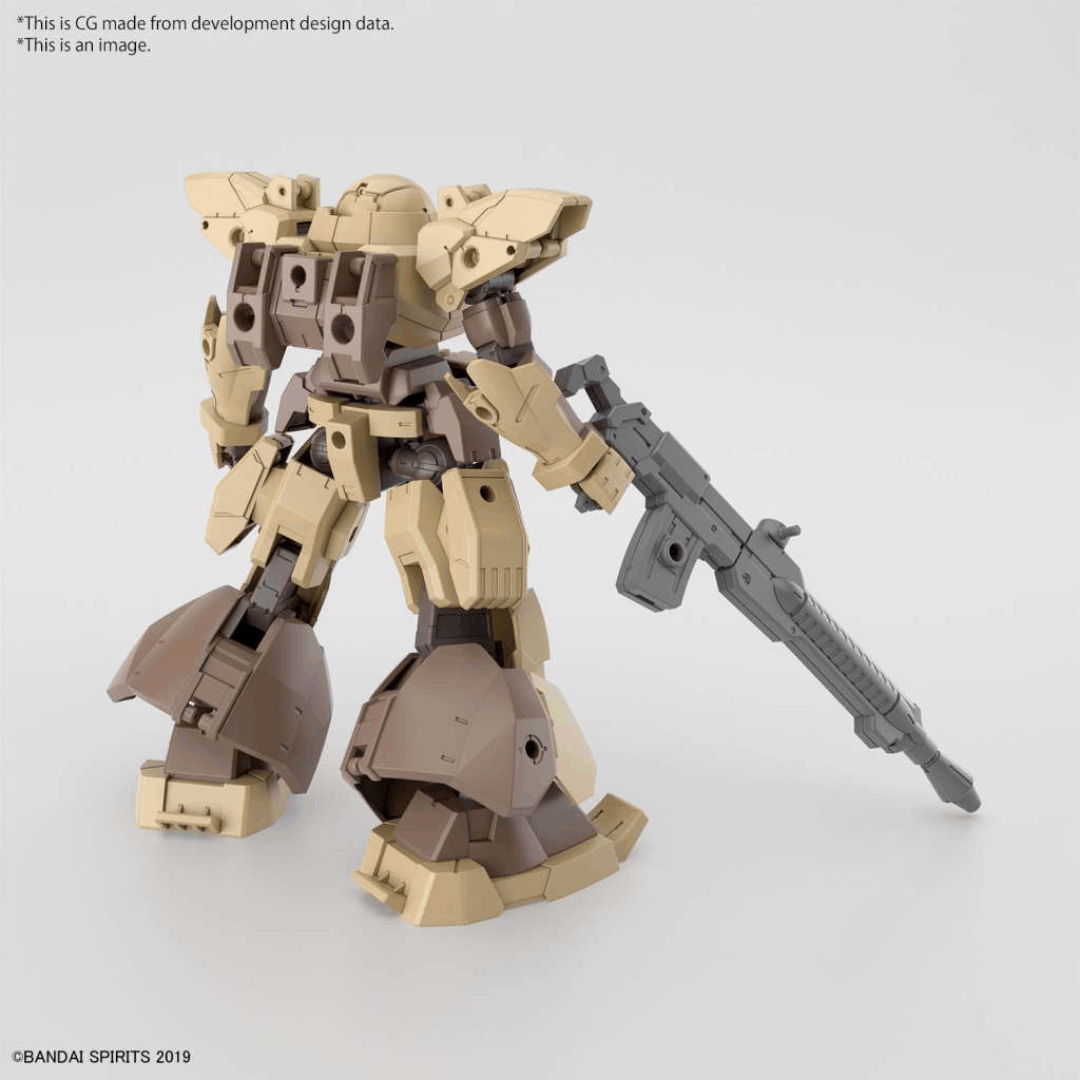 Modello Gunpla Bandai 30MM bEXM-28 Revernova Brown 1/144 con armatura pesante, fucile e opzioni di personalizzazione combinabili.