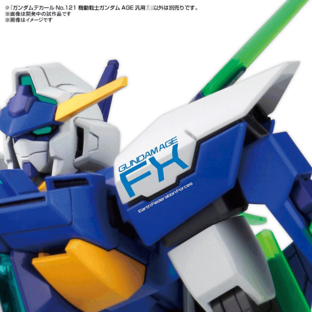 Foglio Gundam Decal 121 Bandai per Gunpla 1/144 – water decals con loghi, simboli e scritte da Mobile Suit Gundam AGE per personalizzazione kit.
