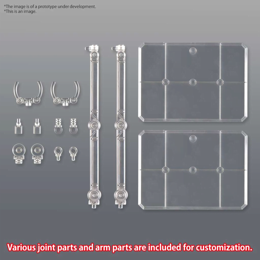 Base trasparente doppia per action figure e Gunpla scala 1/144 con bracci articolati – supporto per esposizione dinamica e pulita.