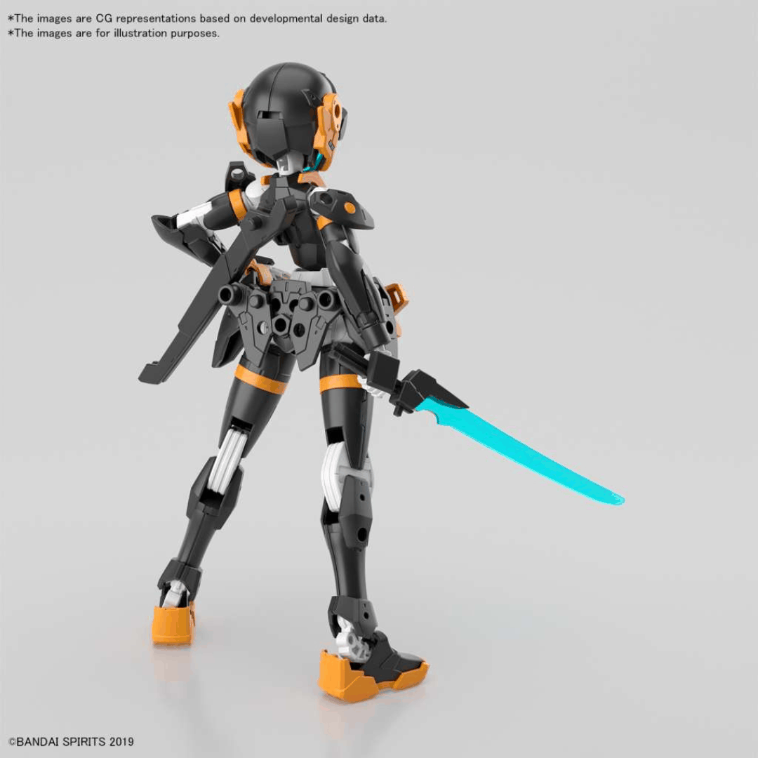 Model Kit Bandai 30MM EXM-H15D Acerby Type-D 1/144 in posa dinamica con spada e colori arancio-nero – disponibile su Weeaboverse