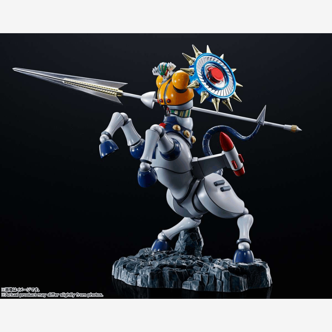 Figure Steel Jeeg Figuarts ZERO 23cm Bandai con finitura metallic touch, posa dinamica su base rocciosa e dettagli realistici da collezione mecha.