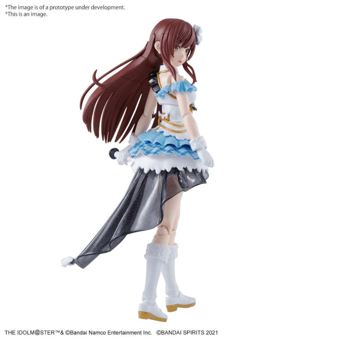 Box art figure model kit Bandai 30MS Amana Osaki Idolmaster Shiny Colors con outfit dettagliato e sfondo floreale rosa