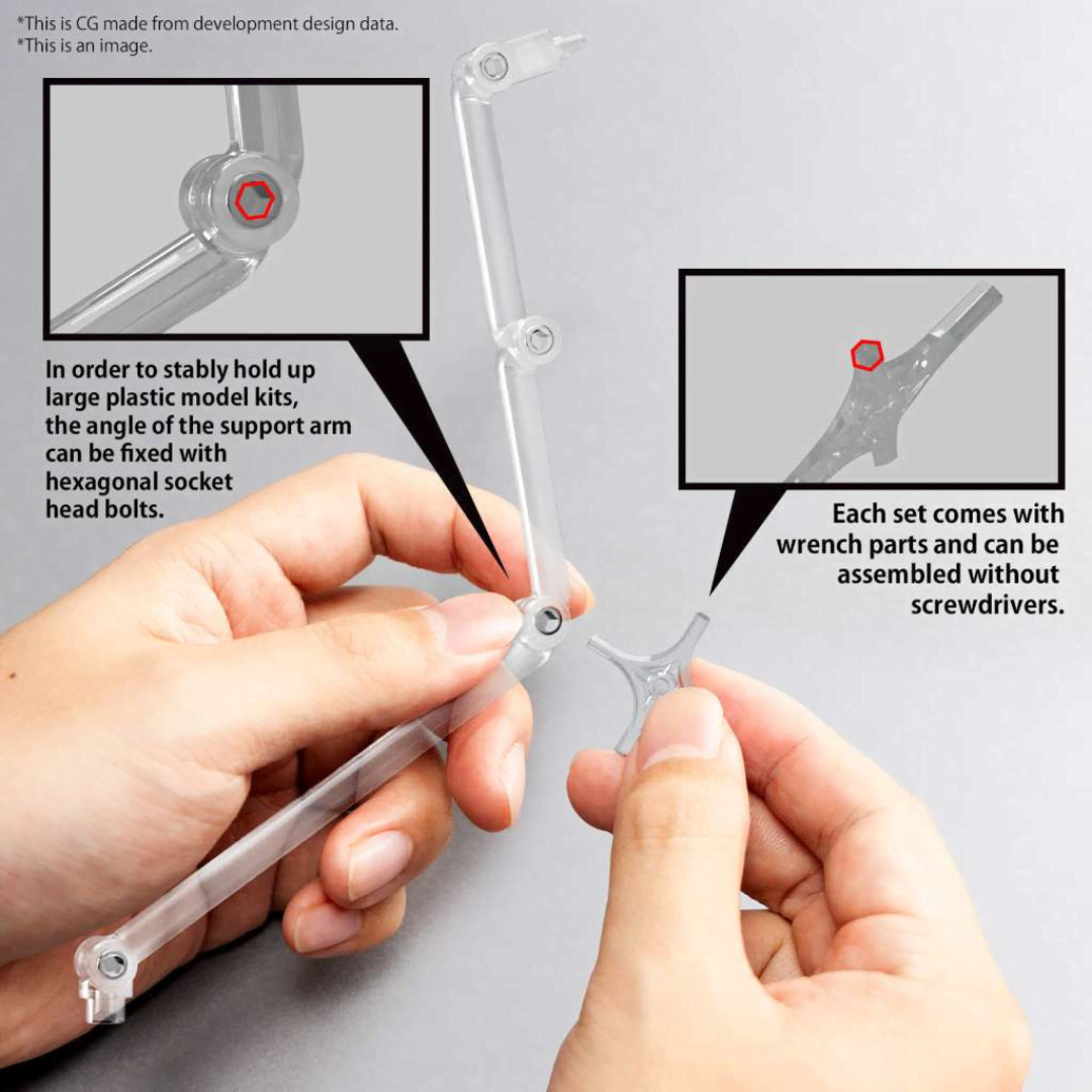 Base trasparente doppia per action figure e Gunpla scala 1/100 con bracci articolati – supporto per esposizione dinamica e pulita.