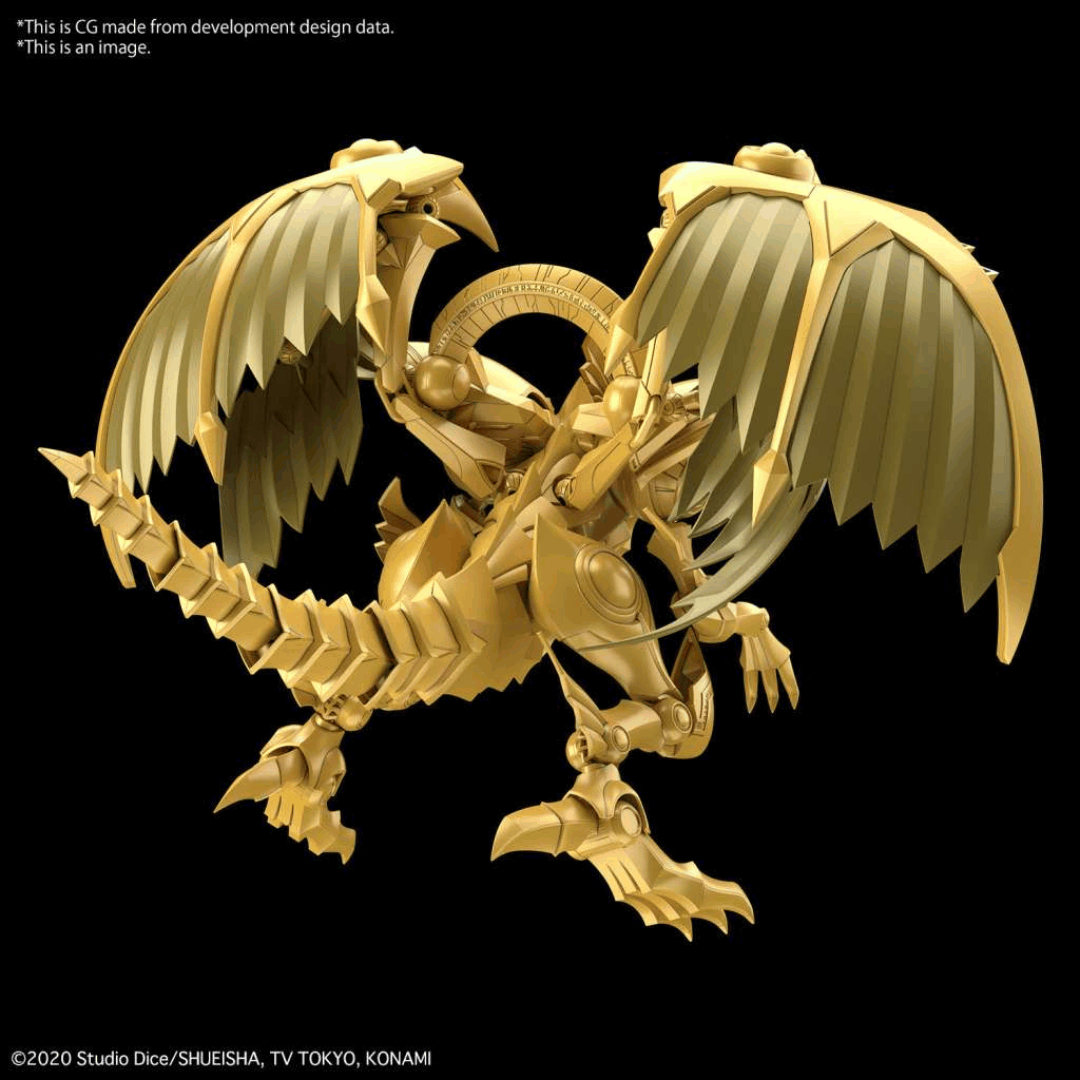 Model Kit Yu-Gi-Oh! The Winged Dragon of Ra Amplified Bandai, dettagliato, dorato, snodabile e facile da montare, perfetto per fan e collezionisti.