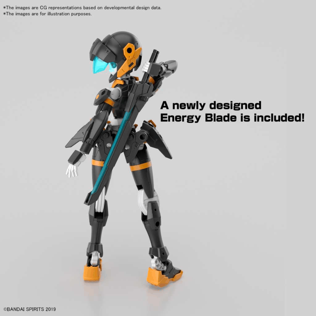 Model Kit Bandai 30MM EXM-H15D Acerby Type-D 1/144 in posa dinamica con spada e colori arancio-nero – disponibile su Weeaboverse